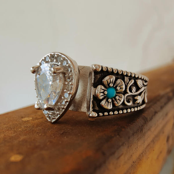 Western Plant Engraved Round Turquoise Pear Diamond Rings