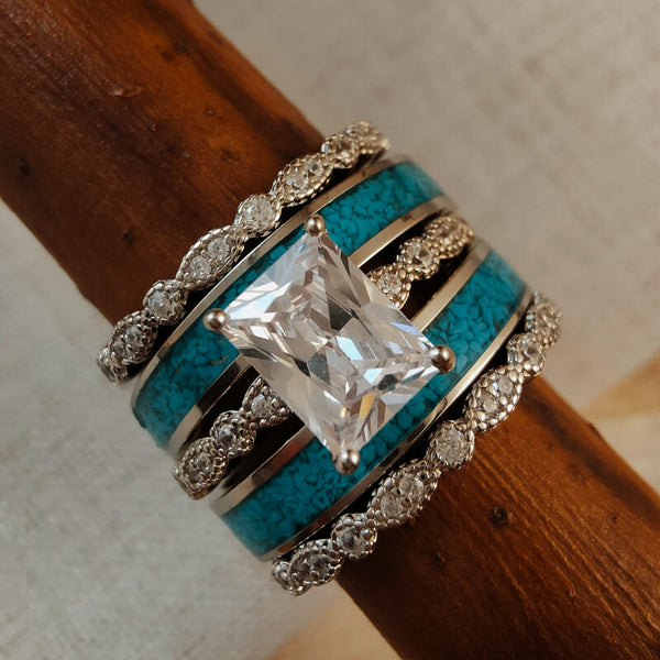 5pc Sterling Silver Vintage Square Turquoise and Diamond Ring