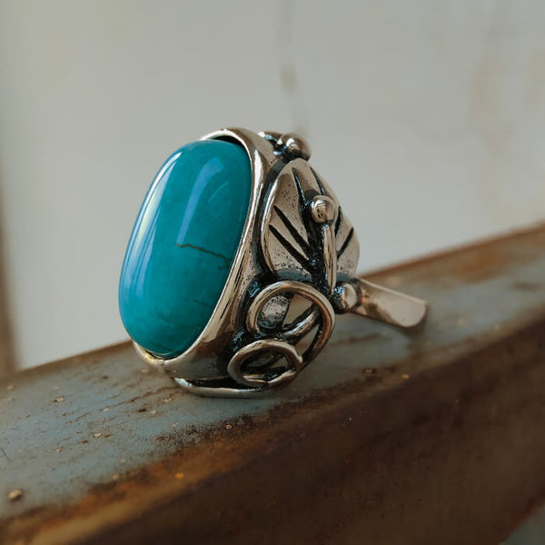 Slide Leave Engraved Oval Turquoise Jewelry Ring