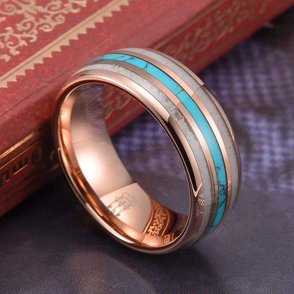 Tungsten Three Steel Groove Antler Turquoise Ring