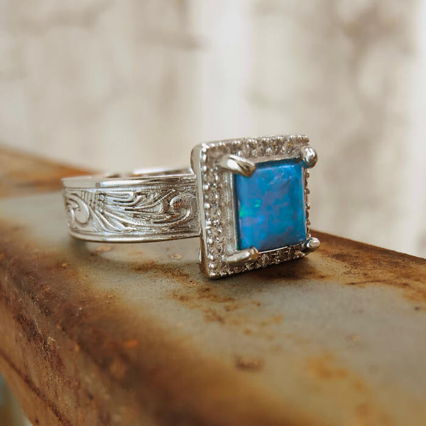 Western Square Blue Opal Diamond Engagement Rings