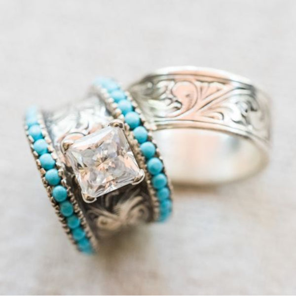 Turquoise Wedding Ring Flower Engraved Band Rings