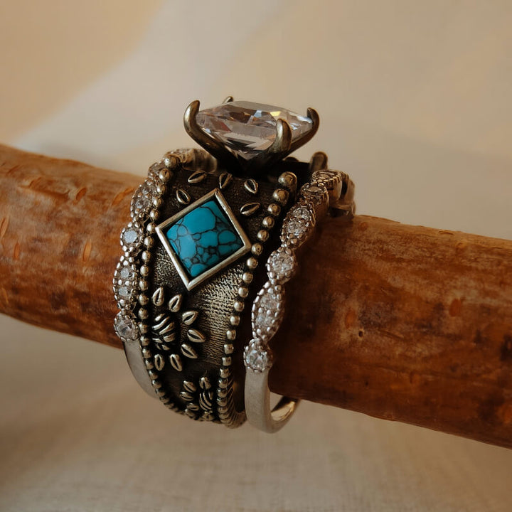 Vintage sterling silver ring set with square turquoise and diamond accents