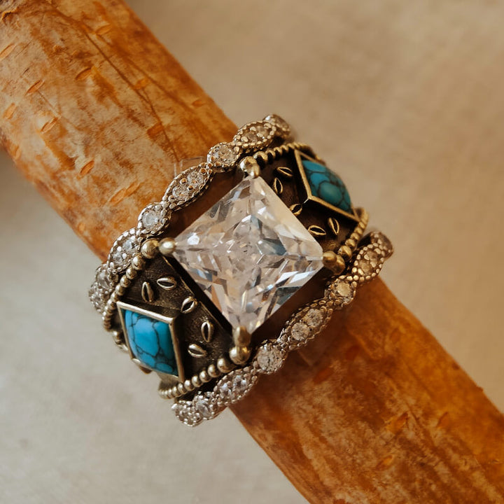 Vintage sterling silver ring set with square zircon and turquoise accents