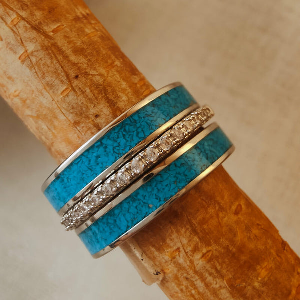 3pc Sterling Silver Crush Turquoise Vintage Band Ring