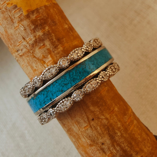 3pc Sterling Silver Vintage Crush Turquoise Band Ring Set