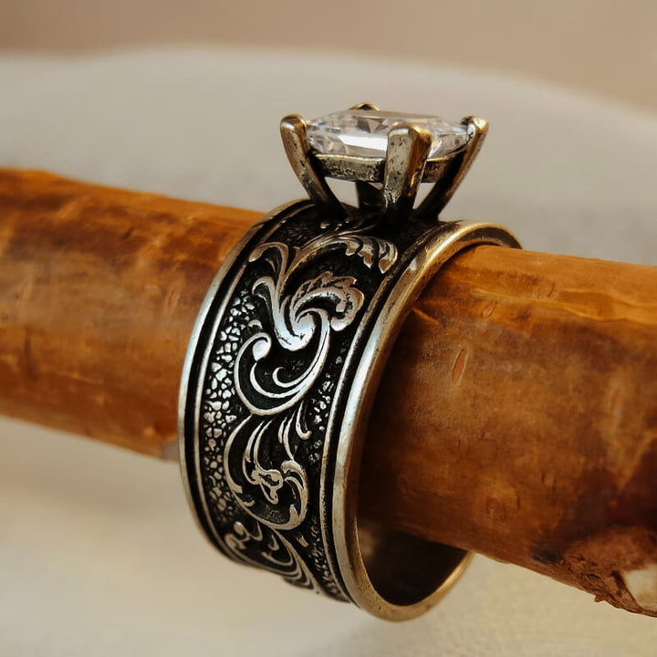 Western silver carved band ring with square zircon gemstone accent