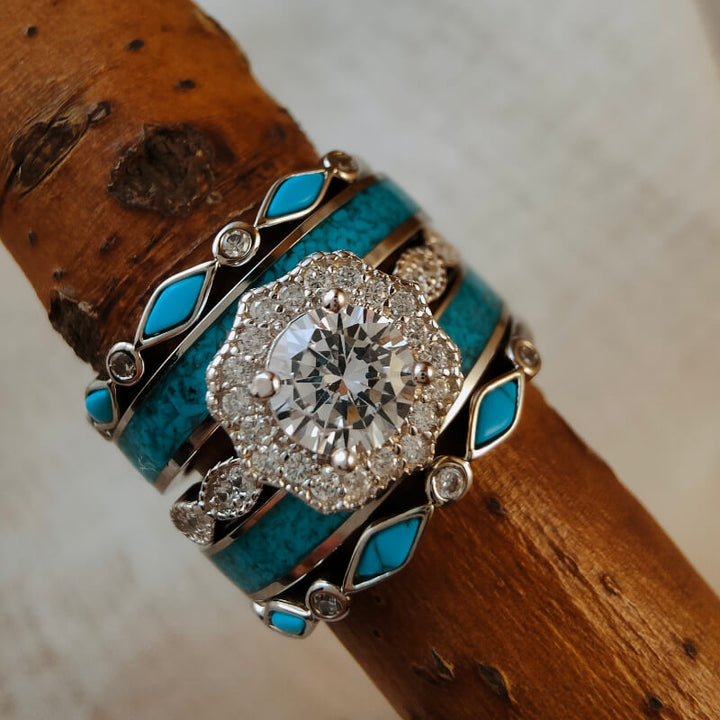 Sterling silver turquoise band ring with intricate diamond and zircon details.