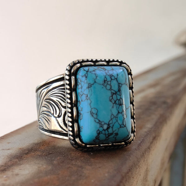 Flower Wide Band Rectangle Womens Turquoise Rings