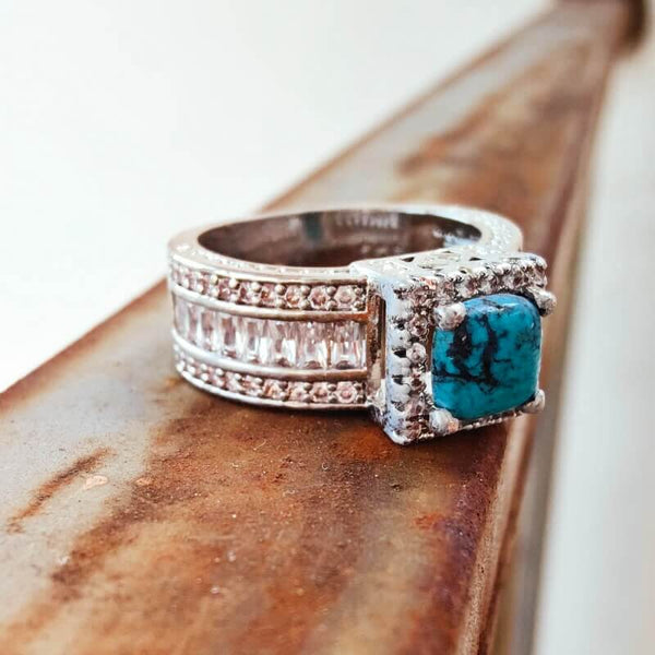 Square Wide Full Diamond Turquoise Wedding Ring