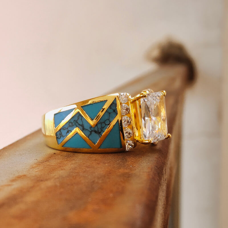 River Cuff Diamond Gold Turquoise Ring for Women – Retro Turquoise