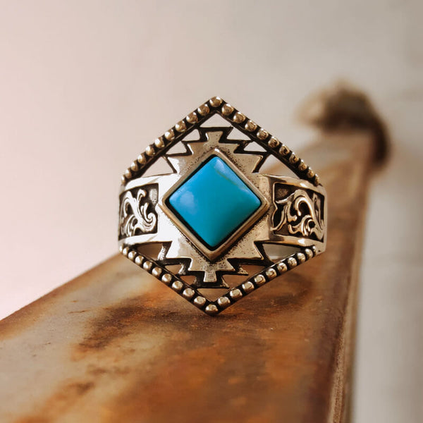 Western Engraved Symbol Square Cut Turquoise Ring