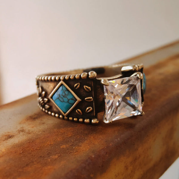 Women Western Engraved Square Turquoise Engagement Ring