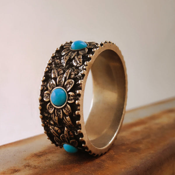 Western Country Flower Engraved Turquoise Band Ring