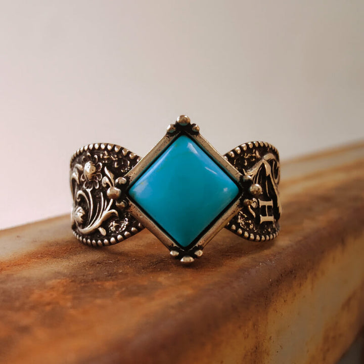 Square leaf engraved turquoise ring with diamond-shaped stone