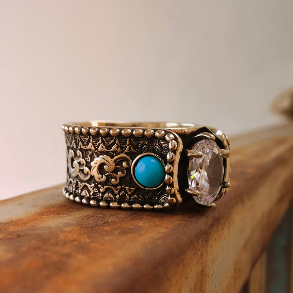 Wave Engraved Flower Ring with turquoise and diamond accents