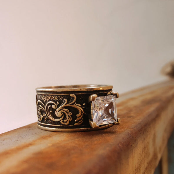 Cowgirl Silver Flower Carved Band Western Diamond Rings