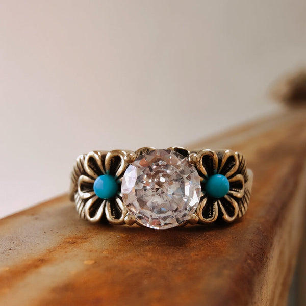 Flower Round Turquoise Diamond Ring