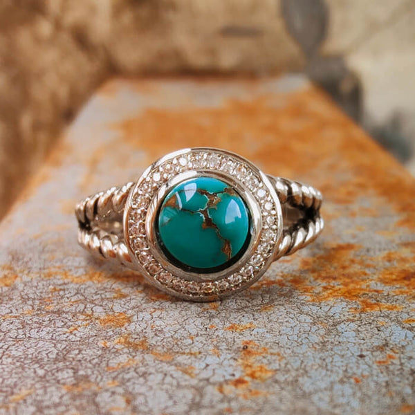 Round Turquoise Twist Diamond Halo Ring