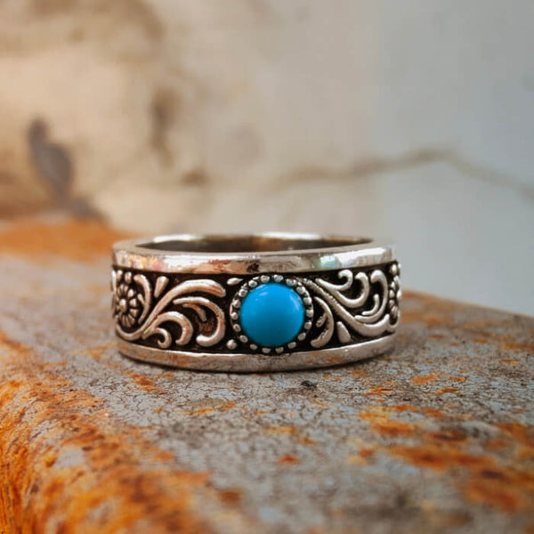 6mm Flower Leaf Engraved Steel Western Turquoise Band Ring for Men