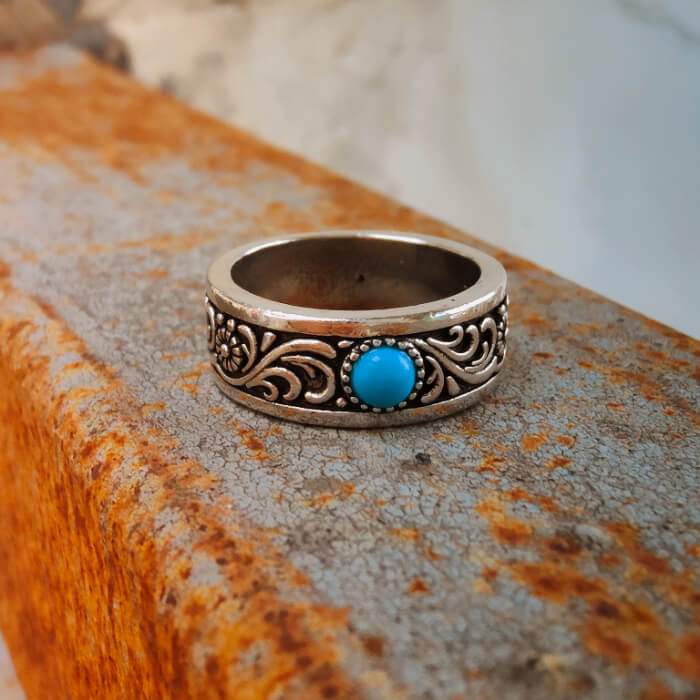 6mm engraved steel band ring featuring blue turquoise gemstone and floral designs