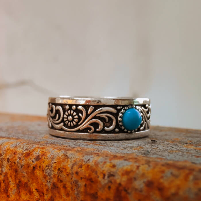 Floral engraved steel ring with 4mm turquoise stone, 6mm wide band for men.