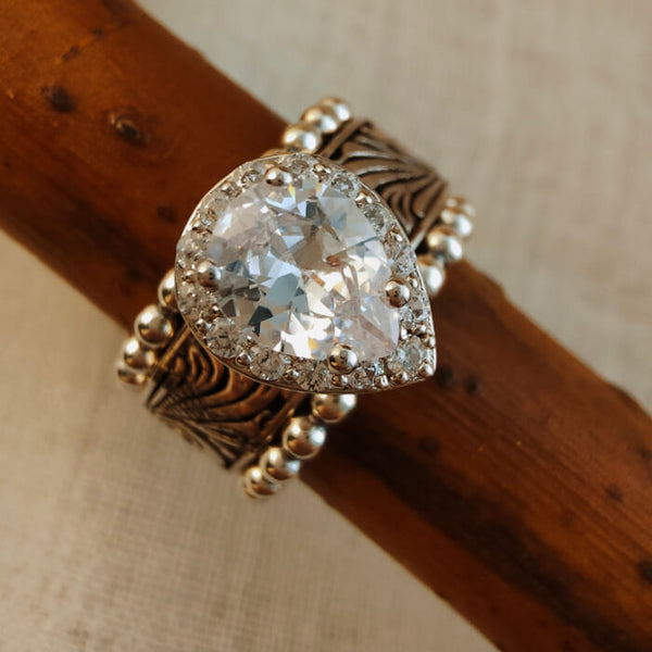 3pc Women Sterling Silver Western Pear Diamond Wedding Ring Set