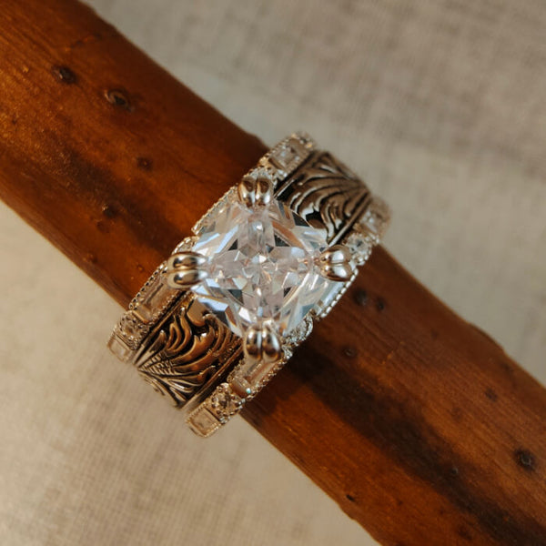 3pc Sterling Silver Vintage Western Diamond Ring Set