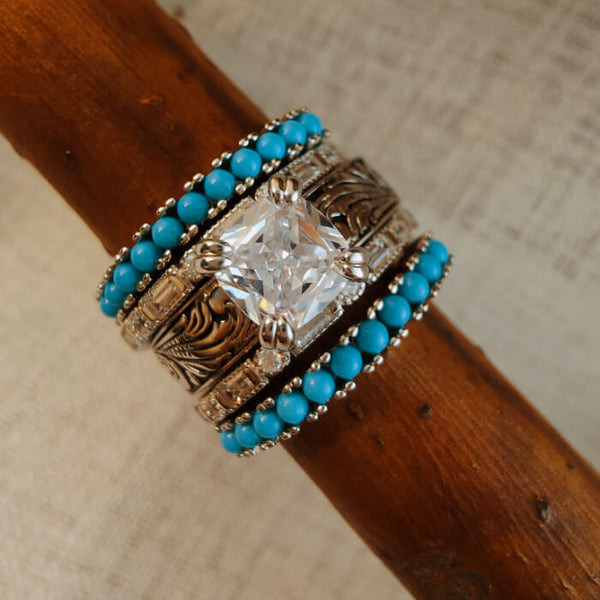 5pc Sterling Silver Turquoise Bead Western Diamond Ring Set