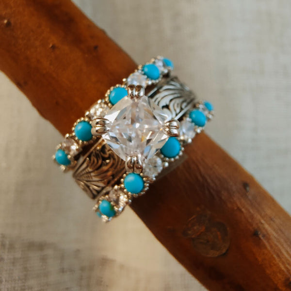 3PC Western Diamond Turquoise Wedding Ring Set with floral engravings