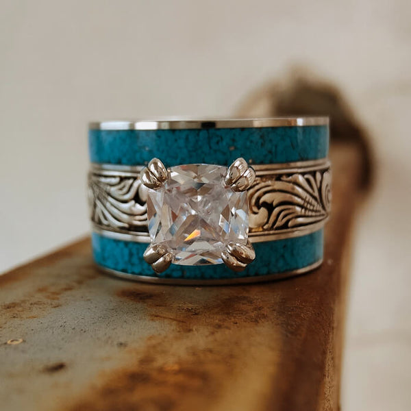 Sterling silver turquoise and diamond ring with floral engravings