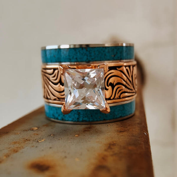3pc Rose Gold Diamond Western Turquoise Wedding Rings