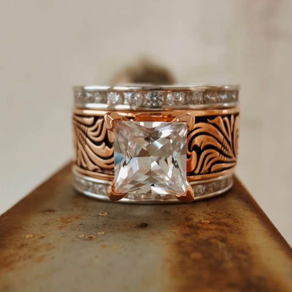 3pc Sterling Silver Rose Gold Diamond Western  Wedding Rings