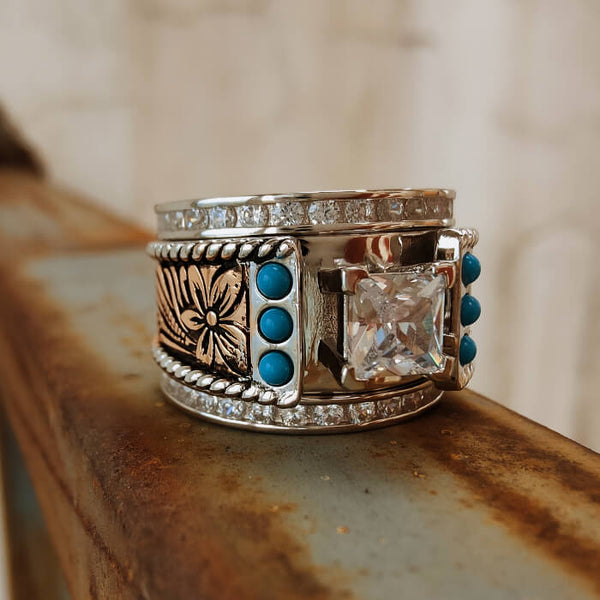 3pc Sterling Silver Western Turquoise and Diamond Ring