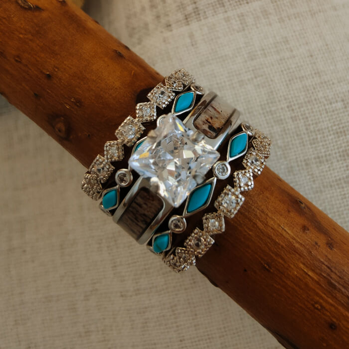 Antler Square Diamond Ring featuring a large princess-cut diamond and turquoise accents