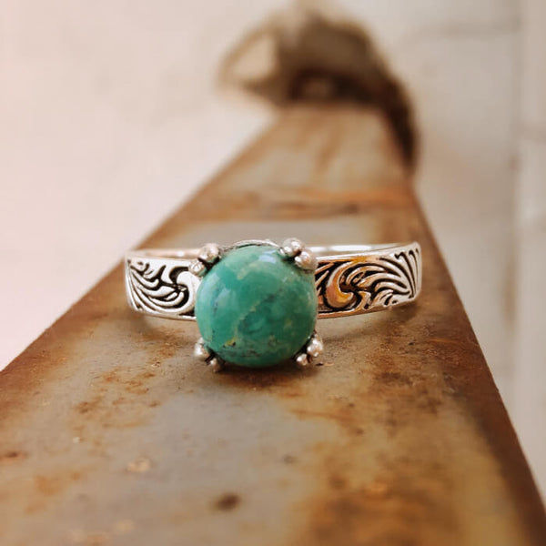 Women Flower Engraved Round Turquoise Western Ring