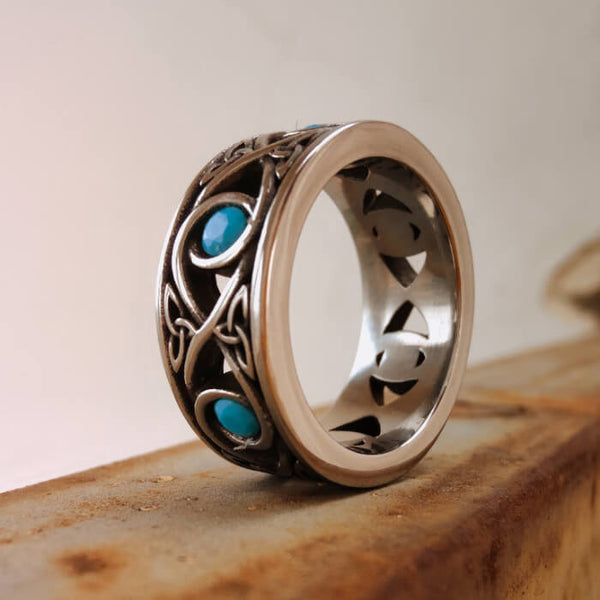 Western Hollow Men turquoise band ring with silver-black design and turquoise stones