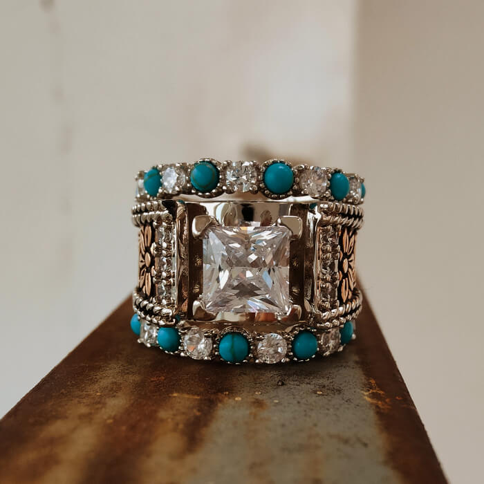 Silver flower engraved ring with turquoise and moissanite accents