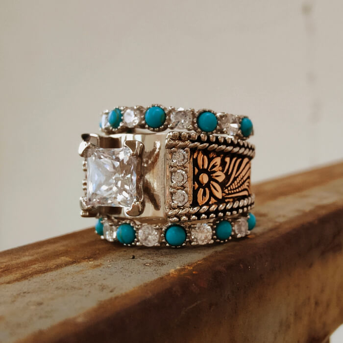 Three-piece ring set with square moissanite, floral engraving, and turquoise accents