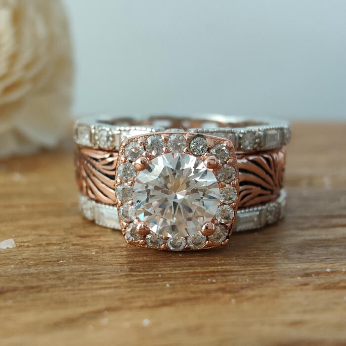 Vintage Western promise ring set with moissanite in rose gold and silver bands