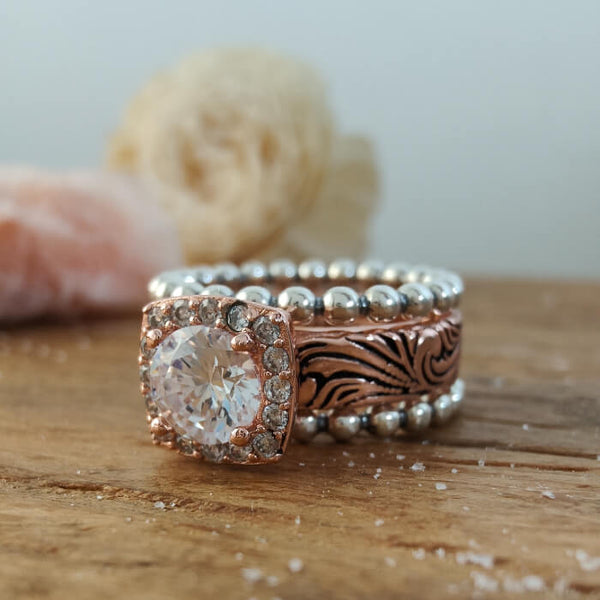 3pc Round Moissanite Rose Gold Silver Bead Western Rings