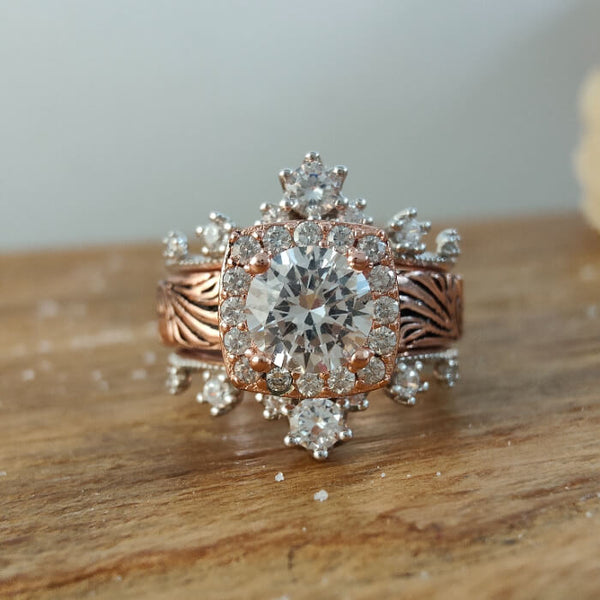 Rose gold engagement ring with large center zircon and floral accents