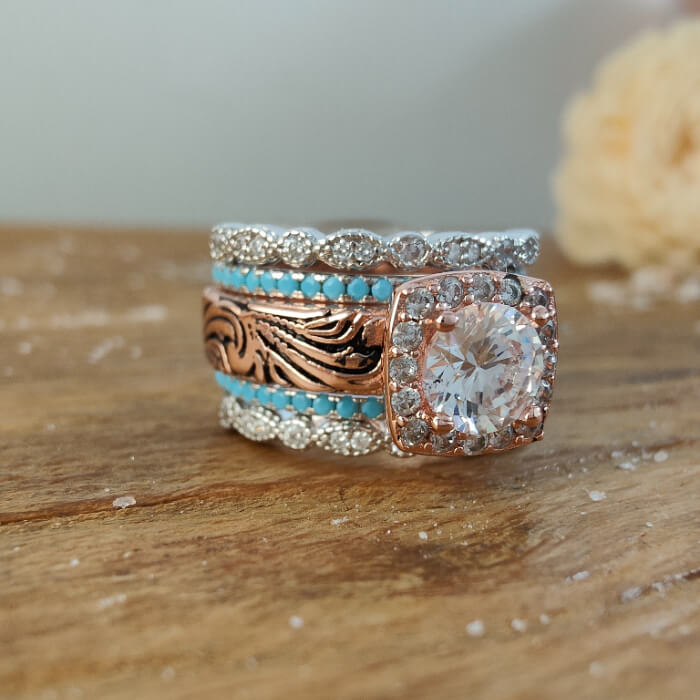 Five-piece vintage turquoise ring set with moissanite center and silver accents