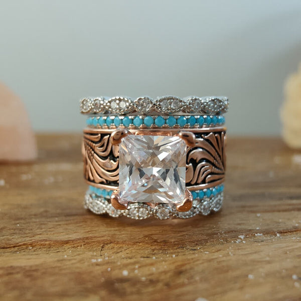 5pc Sterling Silver Rose Gold Bead Turquoise Wedding Ring