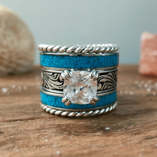 5pc Sterling Silver Twist Band Turquoise Wedding Ring Set