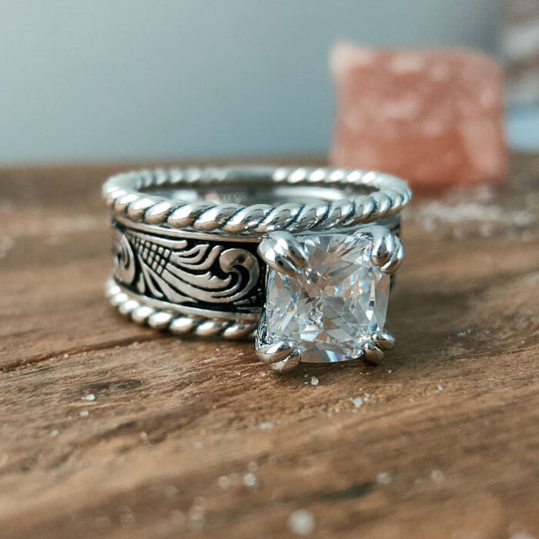 3pc Sterling Silver Twist Western Diamond Ring Set