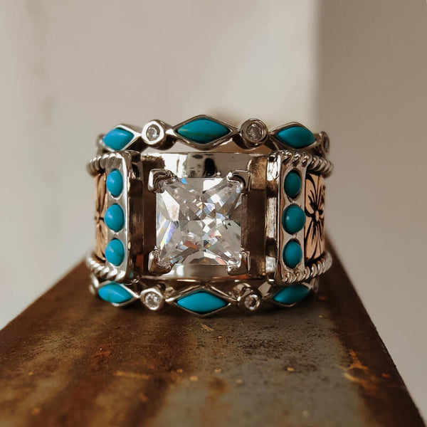 3pc Rose Gold Western Vintage Turquoise and Diamond Ring