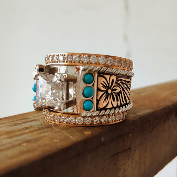 Rose gold turquoise wedding ring with square zircon and flower engravings