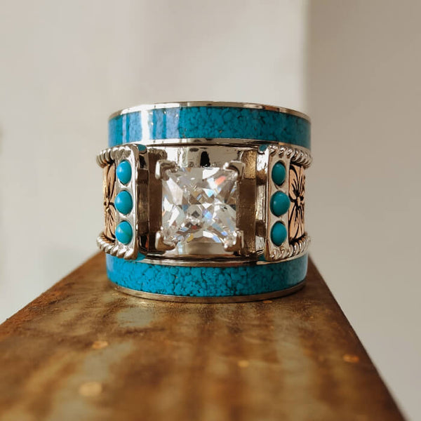 3pc Square Diamond Western Engagement Ring Set with Turquoise