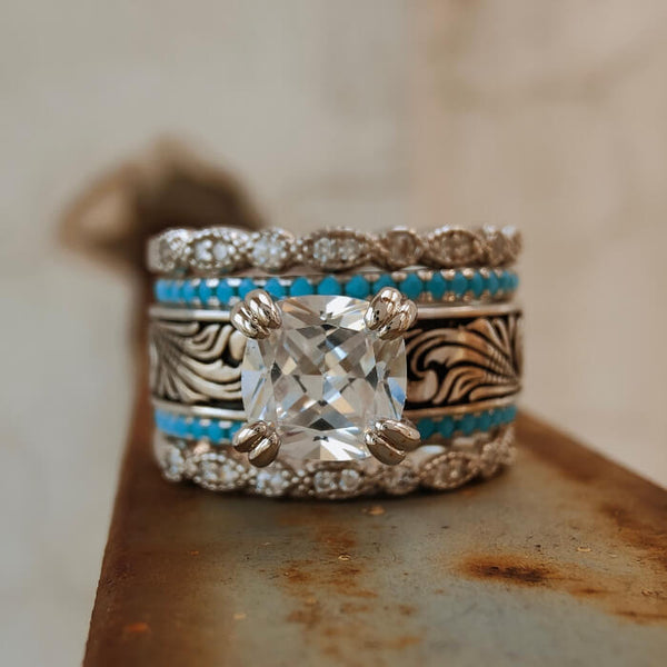 5pc Sterling Silver Western Wedding Rings with Turquoise